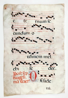 Antifonář – Notový záznam z liturgické knihy, oboustranná malba na pergamenu, kolem 1500