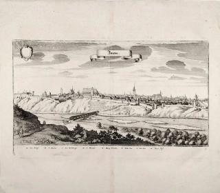 Znojmo – pohled na město Dyji, M. Merian, původní mědiryt, 1650