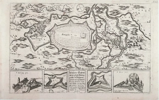 Hradec Králové – plán opevnění obléhaného města, M. Merian, původní mědiryt, 1650