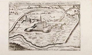 Chlumec nad Cidlinou – pohled na vodní hrad, M. Merian, původní mědiryt, 1650