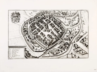Plzeň – pohled na město z ptačí perspektivy, M. Merian, původní mědiryt, 1650