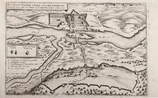 Brandýs nad Labem - pohled na zámek a opevnění města z ptačí perspektivy, M. Merian, mědiryt, 1650
