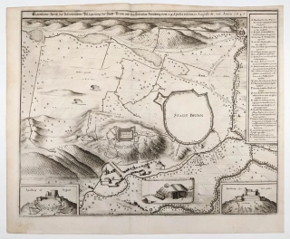 Brno – opevnění obléhaného města z ptačí perspektivy, M. Merian, původní mědiryt, 1650