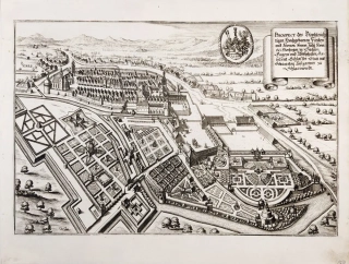 Ostrov nad Ohří – město a zámecká zahrada z ptačí perspektivy, M. Merian, původní mědiryt, 1650