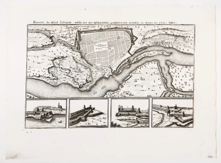 Litoměřice – opevnění města z ptačí perspektivy, M. Merian, původní mědiryt, 1650