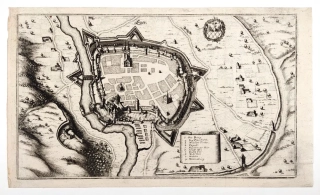Cheb – opevnění města z ptačí perspektivy, M. Merian, původní mědiryt, 1650