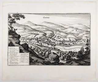 Karlovy Vary – celkový pohled na město, M. Merian, původní mědiryt, 1650