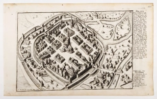 Plzeň – pohled na město z ptačí perspektivy, G. Bodenehr, původní mědiryt, 1700