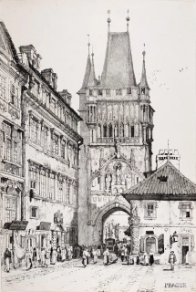Praha – Staroměstská mostecká věž, Samuel Prout, původní litografie, 1833