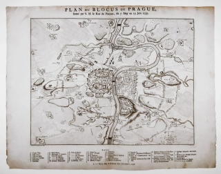 Praha – Mapa obléhání Prahy Prusy 7.-19. května 1757, původní mědiryt, 1758