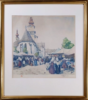 Šimon Tavík František – Trh ve Zvoleni, Slovensko, původní barevný lept, 1925