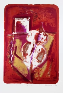 Čechová Olga – Postava s lupenem, rozměrná barevná litografie, 1970