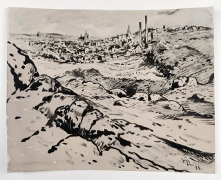 Konůpek Jan – Stará cihelna pod Hanspaulkou, akvarelem kolorovaná kresba tuší, 1941