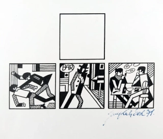 Kubíček Jiří – Hospodská legenda na čtyři doby, kresba tuší, 1971