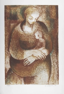 Fuchs Alfréd – Mateřství, barevná litografie, 1970