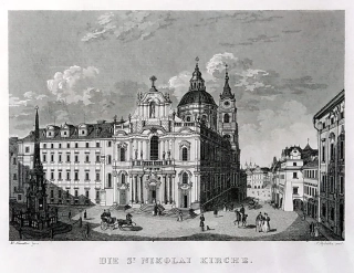 Praha – Kostel sv. Mikuláše na Staroměstském nám., W. Kandler, původní oceloryt, 1836