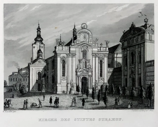 Praha – Kostel Nanebevzetí Panny Marie na Strahově, W. Kandler, původní oceloryt, 1836