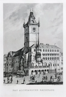 Praha – Staroměstská radnice, W. Kandler, původní oceloryt, 1836