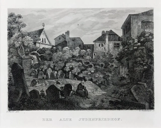 Praha – Starý židovský hřbitov, C. Würbs, původní oceloryt, 1836