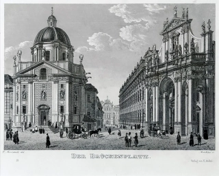 Praha – Křižovnické náměstí na Starém Městě, Vincenc Morstadt, oceloryt, pražská veduta, 1835