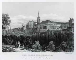 Praha – Pražský hrad s částí Jeleního příkopu, Vincenc Morstadt, H. Winkles, oceloryt, 1835