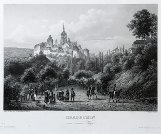 Praha – Pražský hrad s Chotkovy silnice, Vincenc Morstadt, F. Geissler, oceloryt, 1835