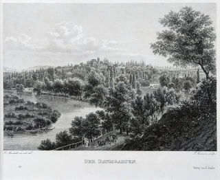Praha – Stromovka, Vincenc Morstadt, J. Axmann, předleptaný oceloryt, 1835