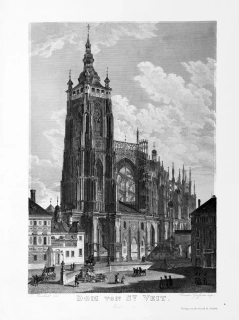 Praha – Chrám sv. Víta z třetího hradního nádvoří, Vincenc Morstadt, F. Geissler, oceloryt, 1835