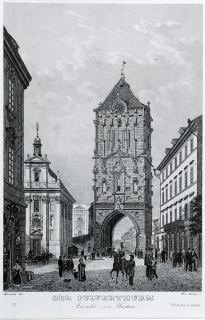 Praha – Prašná brána od západu, Vincenc Morstadt, V. Merklas, předleptaný oceloryt, 1835