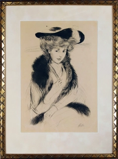 Helleu Paul Cesar – Jeune femme au chapeau et au boa, původní suchá jehla, 1882