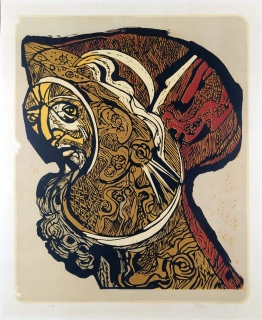 Liesler Josef – Autoportrét umělce, rozměrná grafika, raritní barevný linoryt, 1969