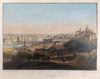 Praha – pohled na město, C. Waagen, staře kolorovaná původní litografie, ca 1860