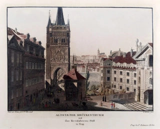 Praha – Staroměstská mostecká věž, V. Morstadt, G. Döbler, staře kolor. obrysový lept s akvatintou, 1825