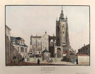 Praha – Průčelí Katedrály sv. Víta, V. Morstadt, G. Döbler, staře kolor. obrysový lept s akvatintou, 1825