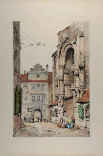 Praha – Týnský chrám, Samuel Prout, staře kolorovaná původní litografie, 1833