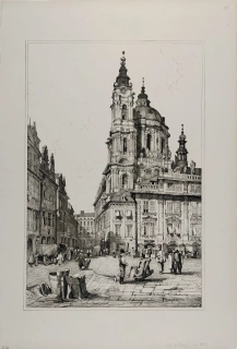 Praha – Kostel svatého Mikuláše na Malé Straně, Samuel Prout, staře kolorovaná původní litografie, 1833