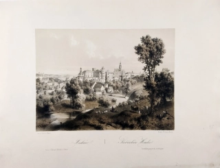 Jindřichův Hradec – August Haun, původní dvoubarevná litografie s podtiskem, 1860