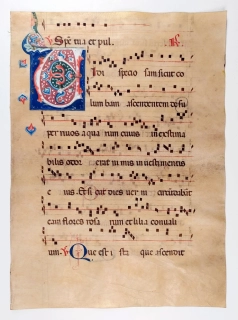 Antifonář – Notový záznam z liturgické knihy, oboustranná malba na pergamenu, po 1300