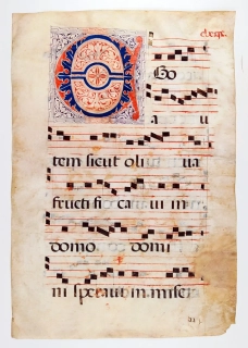 Antifonář – Notový záznam z liturgické knihy, oboustranná malba na pergamenu, kolem 1500