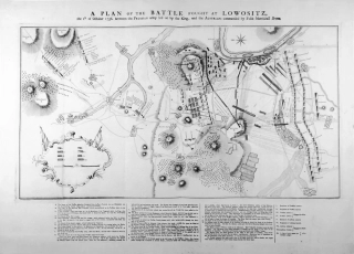 Lovosice – Plán bitvy u Lovosic 1. října 1756, L. W. F. von Obeschetwitz, původní mědiryt, 1758