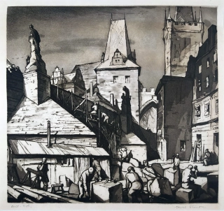 Šimon Pavel – Praha, Práce na Karlově mostě, autorský tisk, původní lept, ca 1947