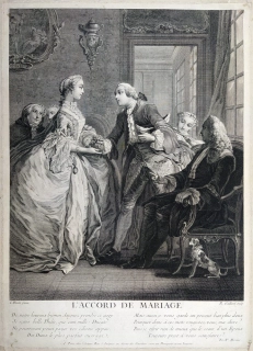 Gaillard René – L'accord du mariage, Manželská smlouva, původní mědiryt, ca 1770