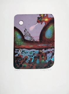 Pilař Radek – Pohádkový motiv, autorský tisk, barevná litografie, 1986