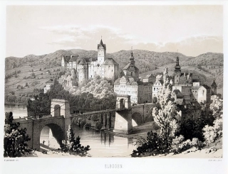 Loket – Fr. X. Sandmann, původní tónovaná litografie s barevným podtiskem, 1850–1856