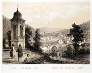 Karlovy Vary – Fr. X. Sandmann, původní tónovaná litografie s barevným podtiskem, 1850–1856