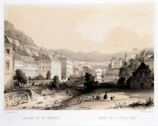 Karlovy Vary – Fr. X. Sandmann, původní tónovaná litografie s bar. podtiskem, 1850–1856