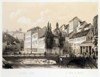 Karlovy Vary – Fr. X. Sandmann, původní tónovaná litografie s bar. podtiskem, 1850–1856