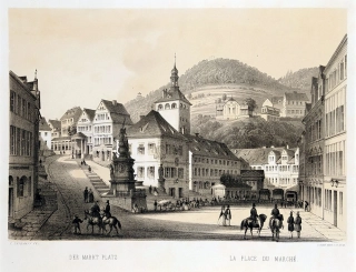 Karlovy Vary – Fr. X. Sandmann, původní tónovaná litografie s bar. podtiskem, 1850–1856