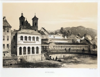 Karlovy Vary – Fr. X. Sandmann, původní tónovaná litografie s bar. podtiskem, 1850–1856