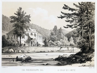 Karlovy Vary – Fr. X. Sandmann, původní tónovaná litografie s bar. podtiskem, 1850–1856